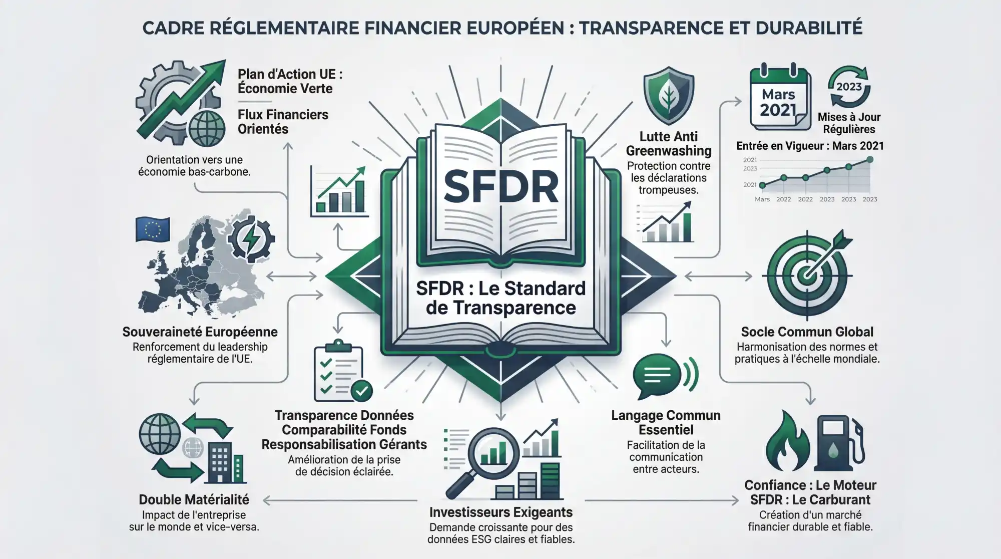 Infographie présentant les piliers du règlement européen SFDR pour la finance durable