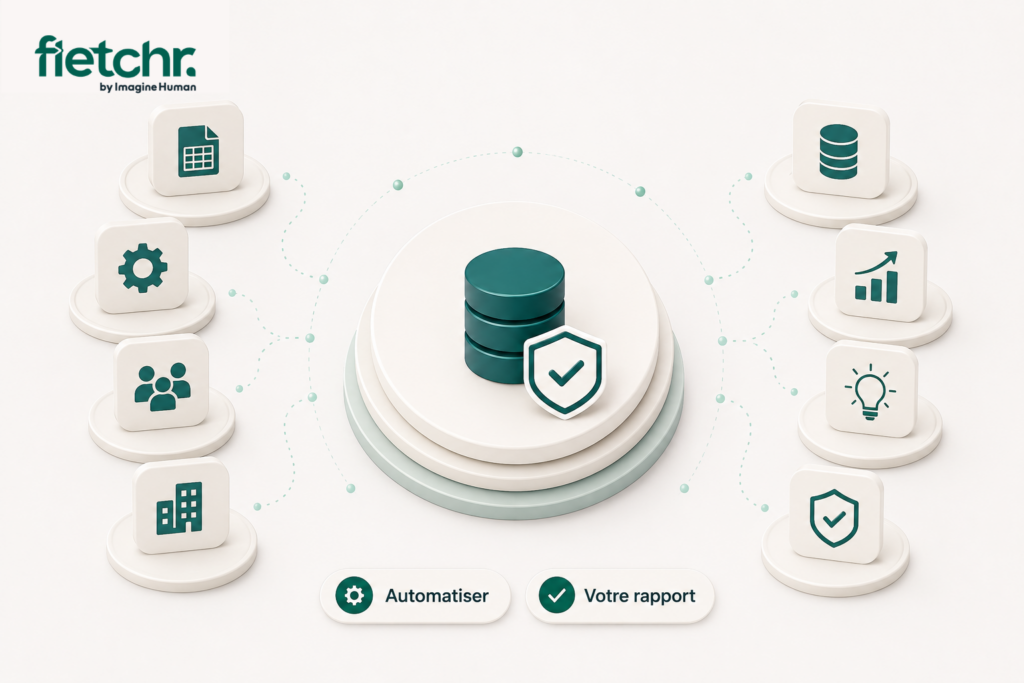 Illustration représentant l'automatisation du rapport de durabilité avec Fletchr. Les données ESG sont centralisées, sécurisées et transformées en un reporting conforme grâce à une plateforme unique.